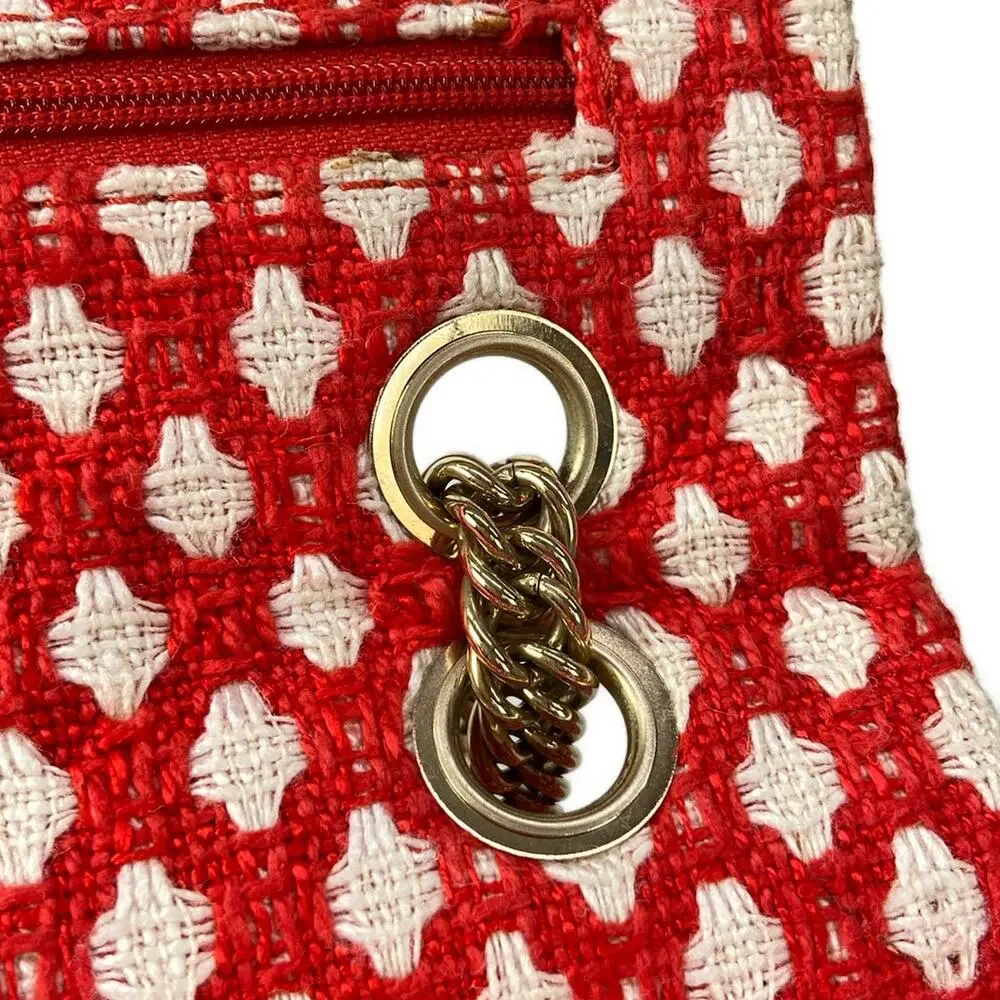 Chanel Double Flap Matelasse Shoulder Bag Red Cream Gold Tweeds Hardware